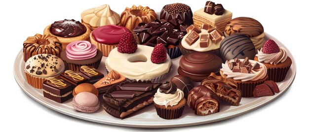 A variety of delicious pastries and desserts displayed on a plate featuring chocolates cakes and berries