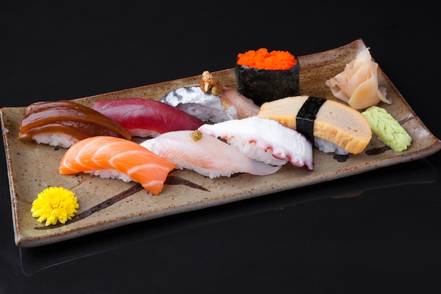 Variety of delicious sushi on a plate