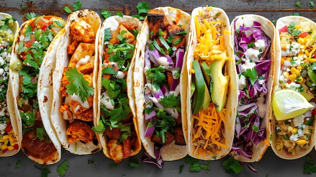 a variety of delicious tacos with different fillings ready to eat