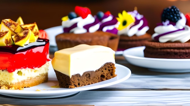 A variety of desserts on a wooden table