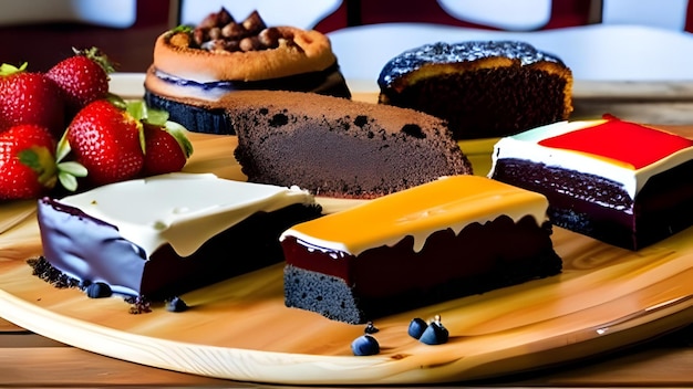 A variety of desserts on a wooden table