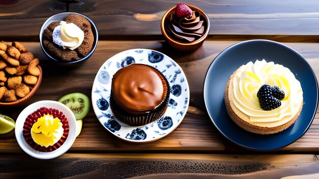 A variety of desserts on a wooden table