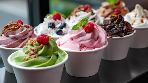 A variety of different colored ice cream flavors