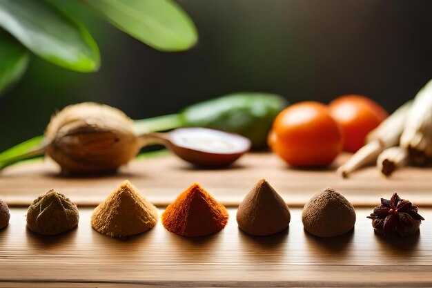 a variety of different flavors are on a wooden table.