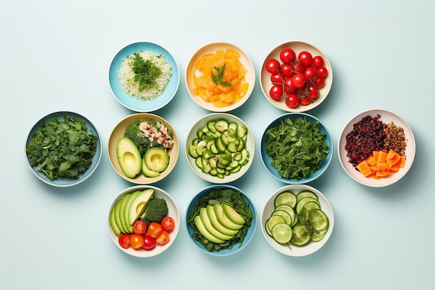 A variety of different foods including tomatoes, avocados, tomatoes, and other vegetables