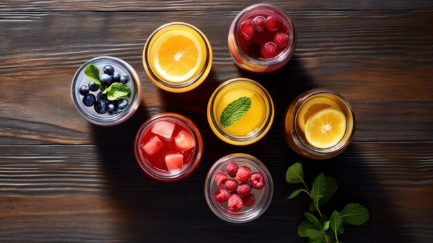 a variety of different fruits are on a wooden table.