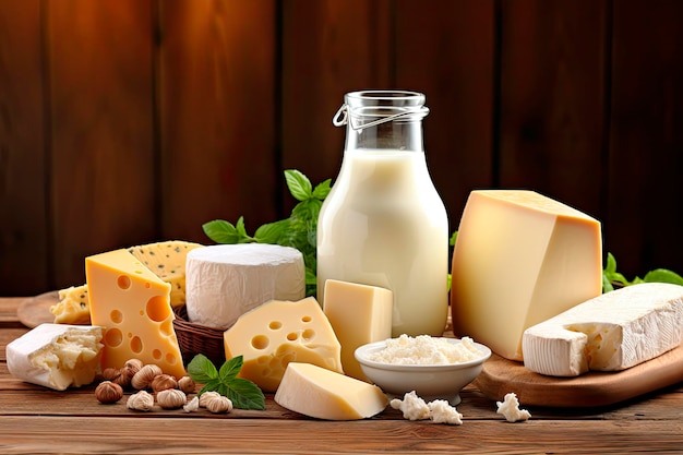 variety of different types of cheeses on rustic wooden table