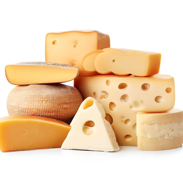 разнообразие различных видов сыров, сложенных на белом фоне