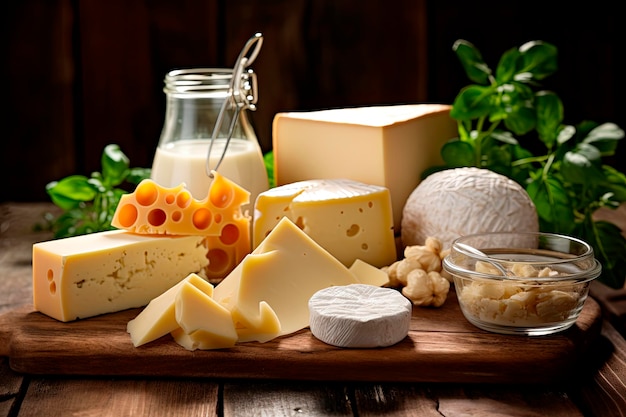 variety of different types of cheeses stacked on rustic wooden table