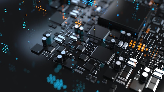 Photo the variety of different types of chips and electronic components on the printed circuit board