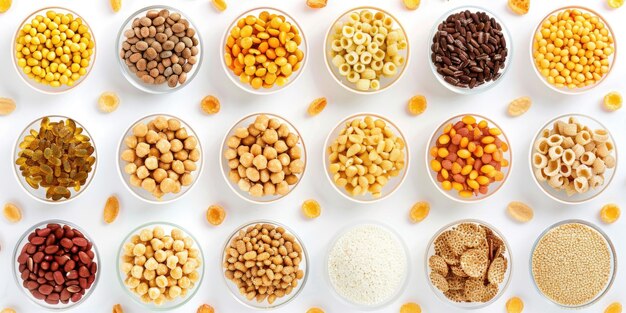 A variety of different types of food in bowls including nuts cereal and crackers The bowls are arranged in a row with some bowls closer to the front and others further back