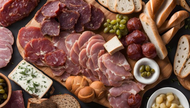 Photo a variety of different types of meats and cheeses are displayed on a cutting board