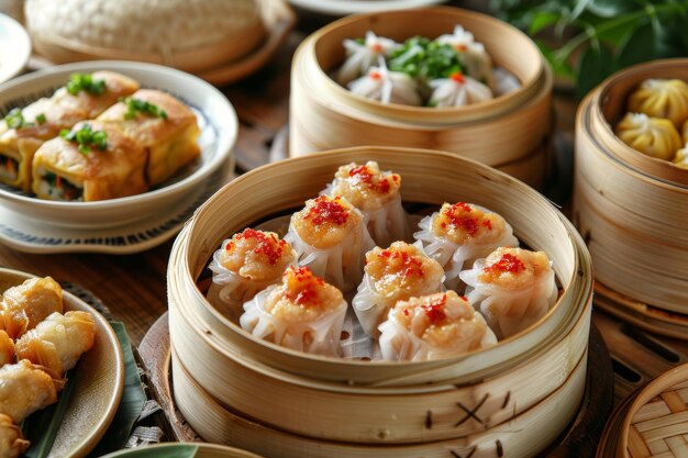 Photo a variety of dim sum dishes including shumai xiao long bao and spring rolls
