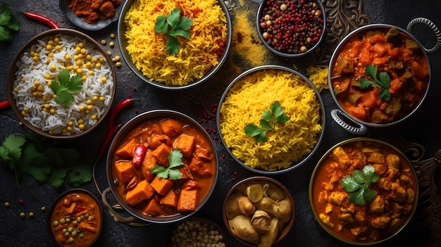 A variety of dishes including curry, rice, and curry