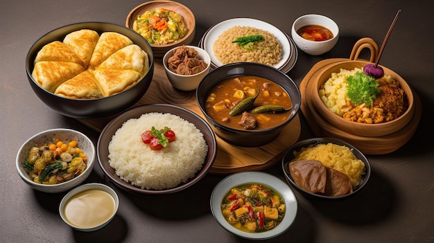 A variety of dishes including a variety of food.