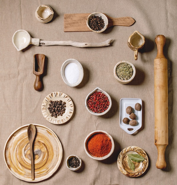 Variety of dishes and spices and kitchen tools