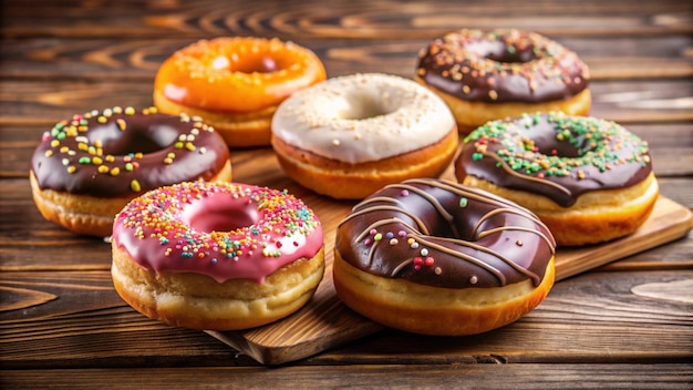 a variety of donuts are on a wooden table including one with sprinkles