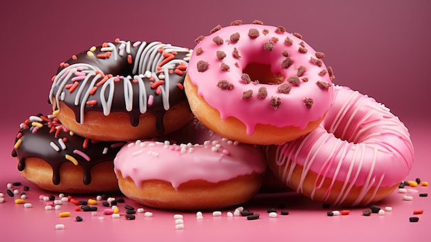 A variety of donuts on a pink background closeup Generative AI