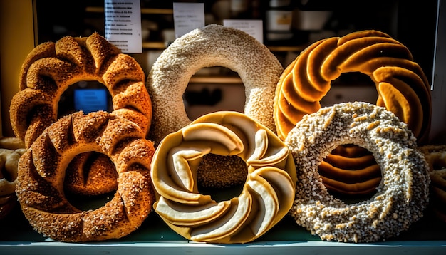 A variety of donuts on a shelf