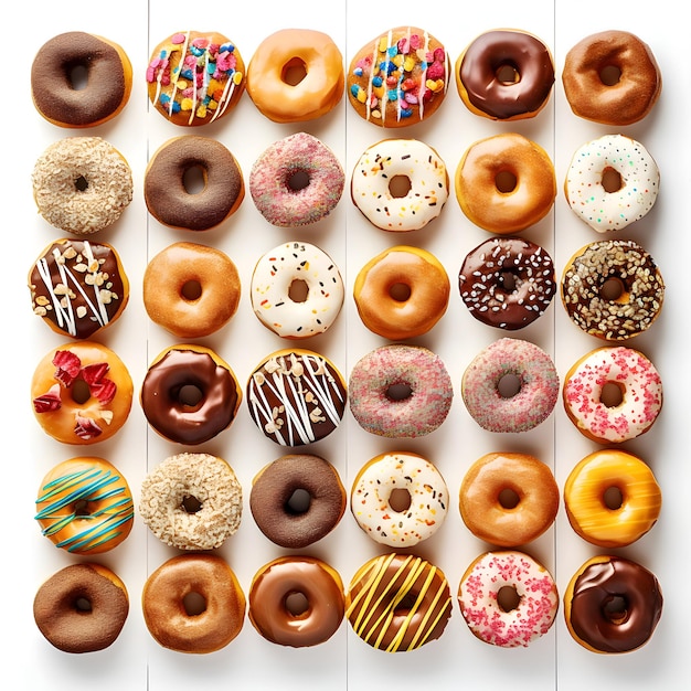 Variety of donuts on white wooden background Top view