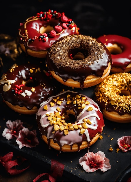 a variety of donuts with chocolate and sprinkles
