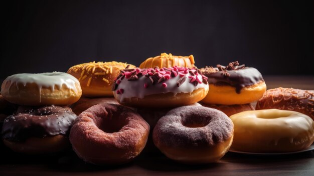 A variety of doughnuts are displayed on a table.