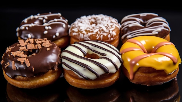 A variety of doughnuts are on a table.