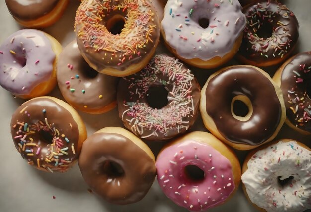 A variety of doughnuts with different toppings and icings including sprinkles closely