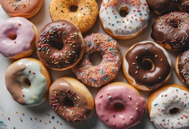 A variety of doughnuts with different toppings and icings including sprinkles closely