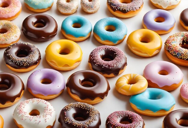 A variety of doughnuts with different toppings and icings including sprinkles closely