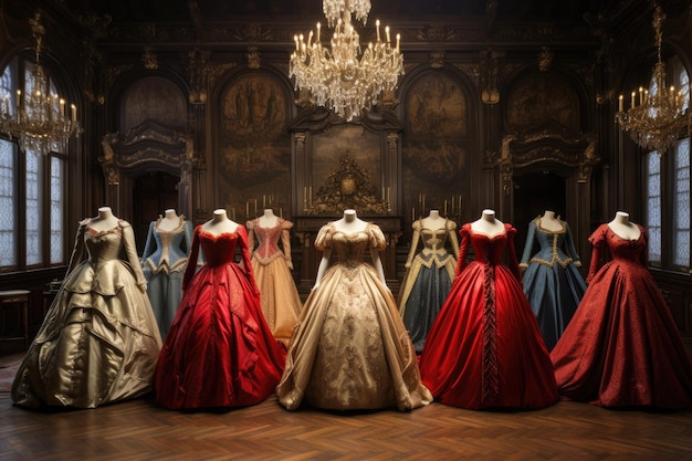 Photo a variety of dresses neatly placed on top of a wooden floor a victorianera royal court with elaborate gowns ai generated