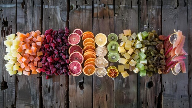 Photo a variety of dried fruits artfully arranged on a rustic wooden surface natural beauty