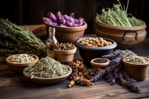 Photo a variety of dried herbs on a wooden table