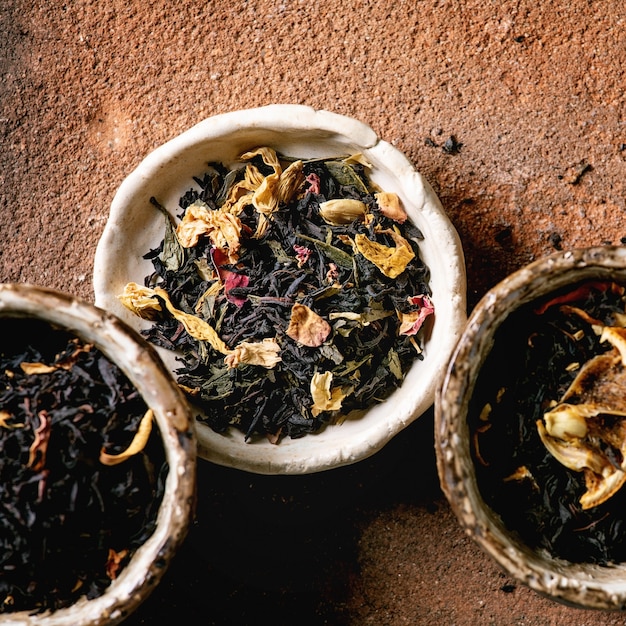 Variety of dried tea in bowls