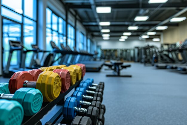 A variety of dumbbells sit on a rack in a nearly empty gym with exercise equipment in the background