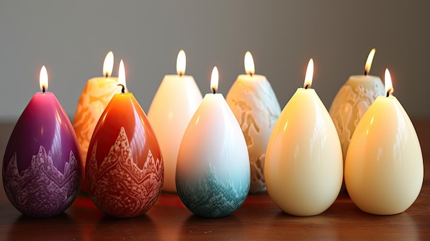 Photo a variety of eggshaped candles are lit on a wooden table the candles are arranged in a row and are of different colors and sizes