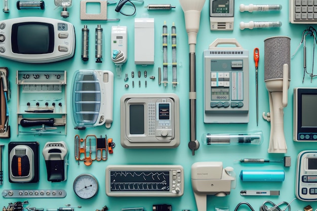 A variety of electronic devices including smartphones tablets headphones and gaming controllers are neatly organized on a blue surface Collage of various medical equipment AI Generated