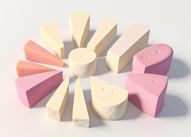 Разнообразие в каждой группе ломтиков различных ломтиков рулонного сыра, изолированных на белом фоне