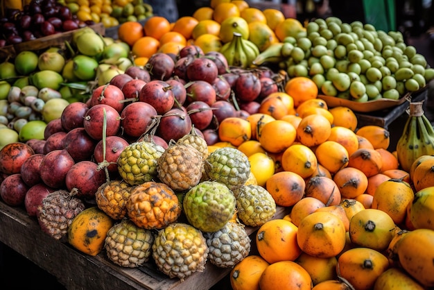 Variety of exotic fruits on a market stall in Istanbul Generative AI