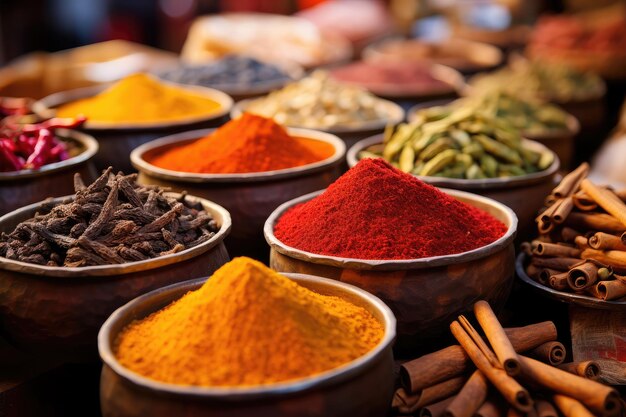 Variety of Exotic Spices Displayed in Bowls at Market