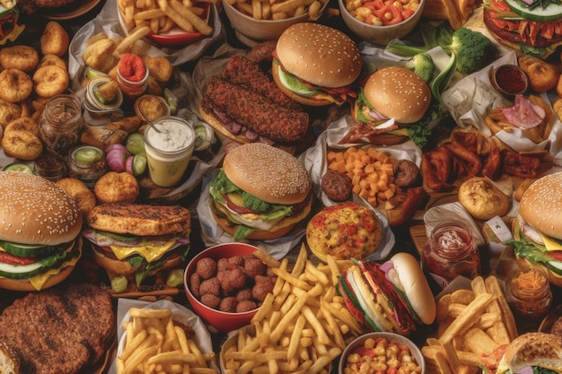 Foto una varietà di cibi da fast food tra cui hamburger, patatine fritte e altri cibi.