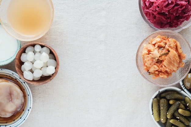 Photo variety of fermented probiotic foods for gut health