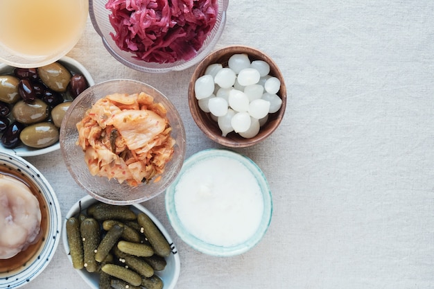 Variety of fermented probiotic foods for gut health