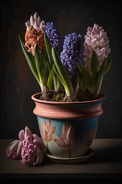 A variety of flowering hyacinths stand in a brown ceramic pot on the wooden table on dark background Vertical Ai generative Close up