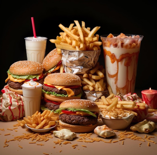 A variety of food including burgers, fries, and a drink.