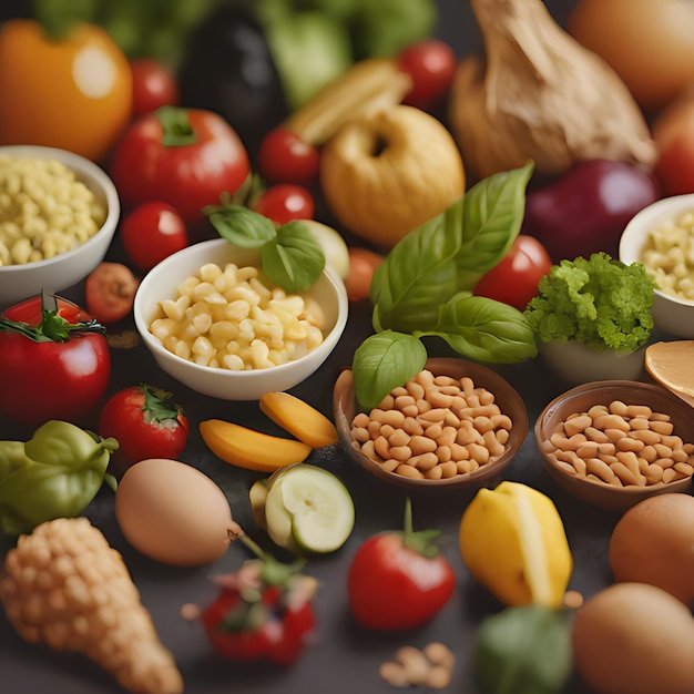 разнообразие продуктов питания, включая яйца, бобы и кукурузу