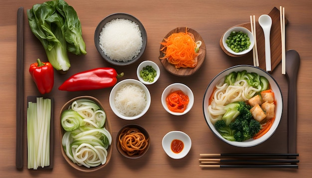 a variety of food including noodles vegetables and noodles are on a table