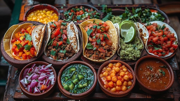 Foto una varietà di cibi tra cui riso, verdure e salsa