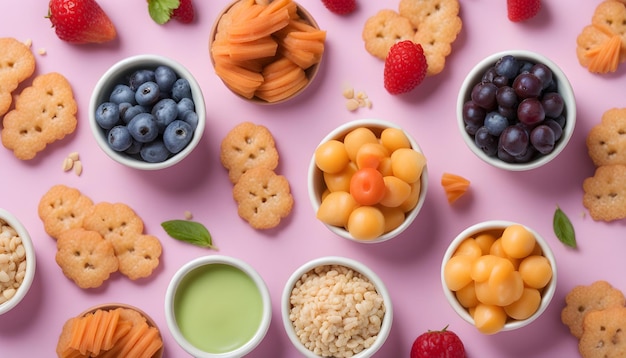 a variety of food items including blueberries almonds and raspberries are displayed on a pink surface