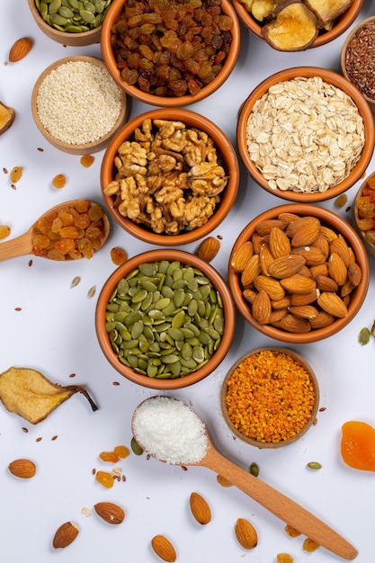 A variety of foods are shown on a white background.